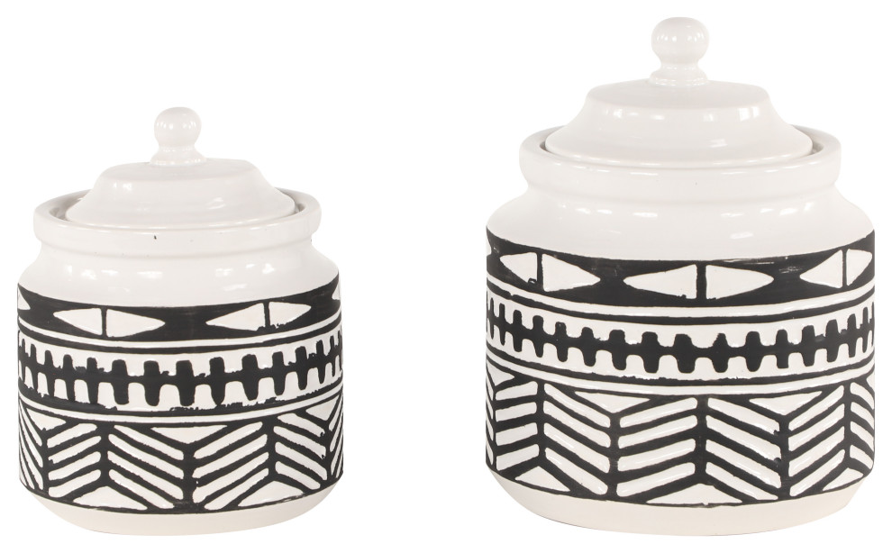 Set of 2 Black Ceramic Eclectic Decorative Jar 38670 Scandinavian