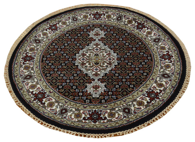 Black Round Tabriz Mahi Handmade Oriental Rug Wool and Silk, 3'1"x3'1"