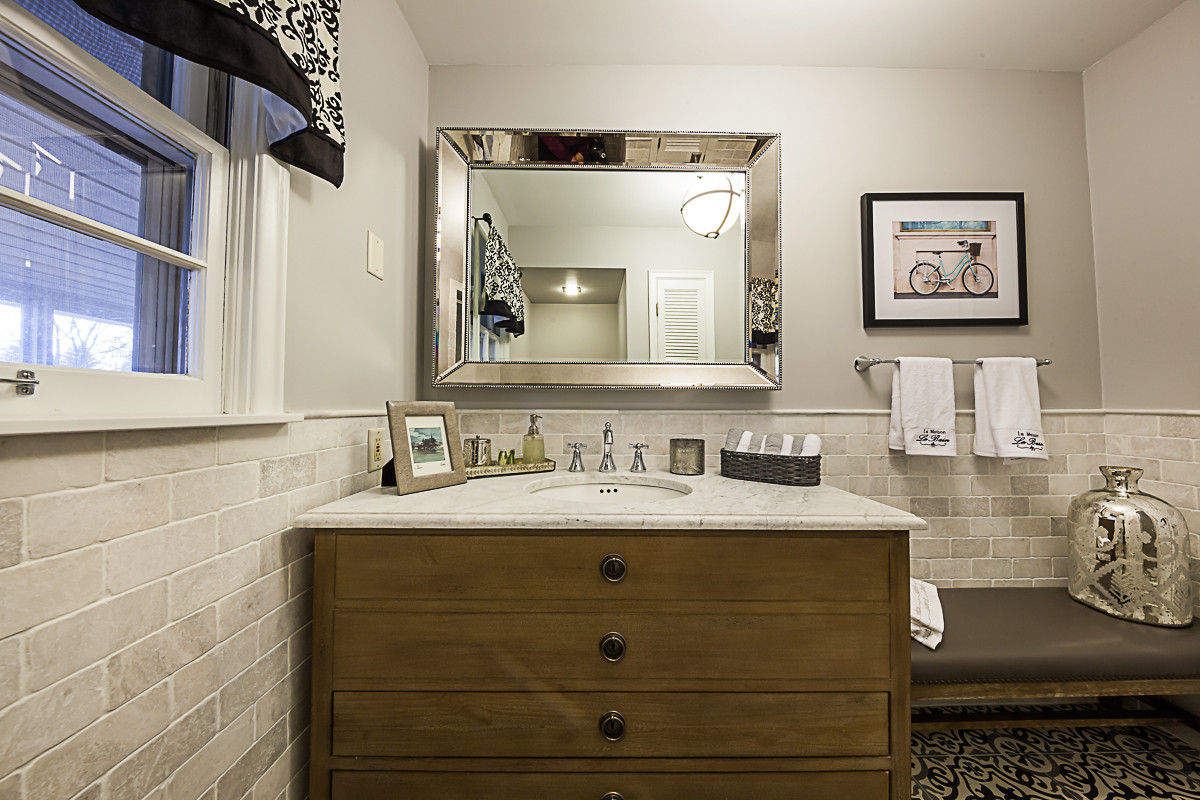 Casually cool cement tile bathroom