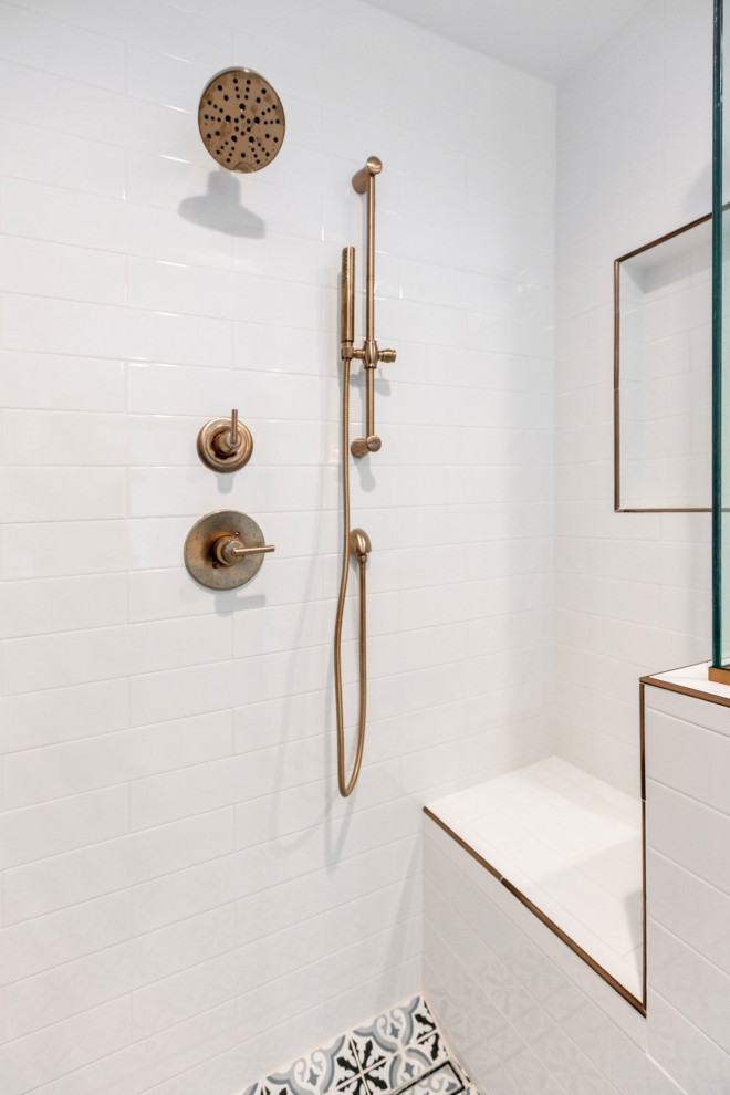 Design ideas for a large midcentury master bathroom in Seattle with shaker cabinets, blue cabinets, a freestanding tub, white tile, subway tile, white walls, cement tiles, quartzite benchtops, a hinged shower door and white benchtops.