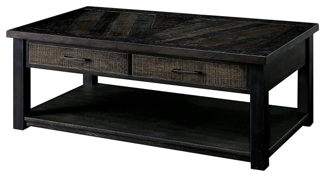 Rustic Coffee Table, Rectangular Top With Lower Shelf and 2 Drawers, Dark Oak
