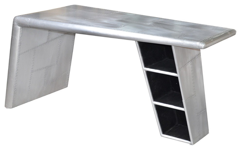 Moti Pilot 60" 3-Shelf Modern Aluminum Writing Desk, Silver