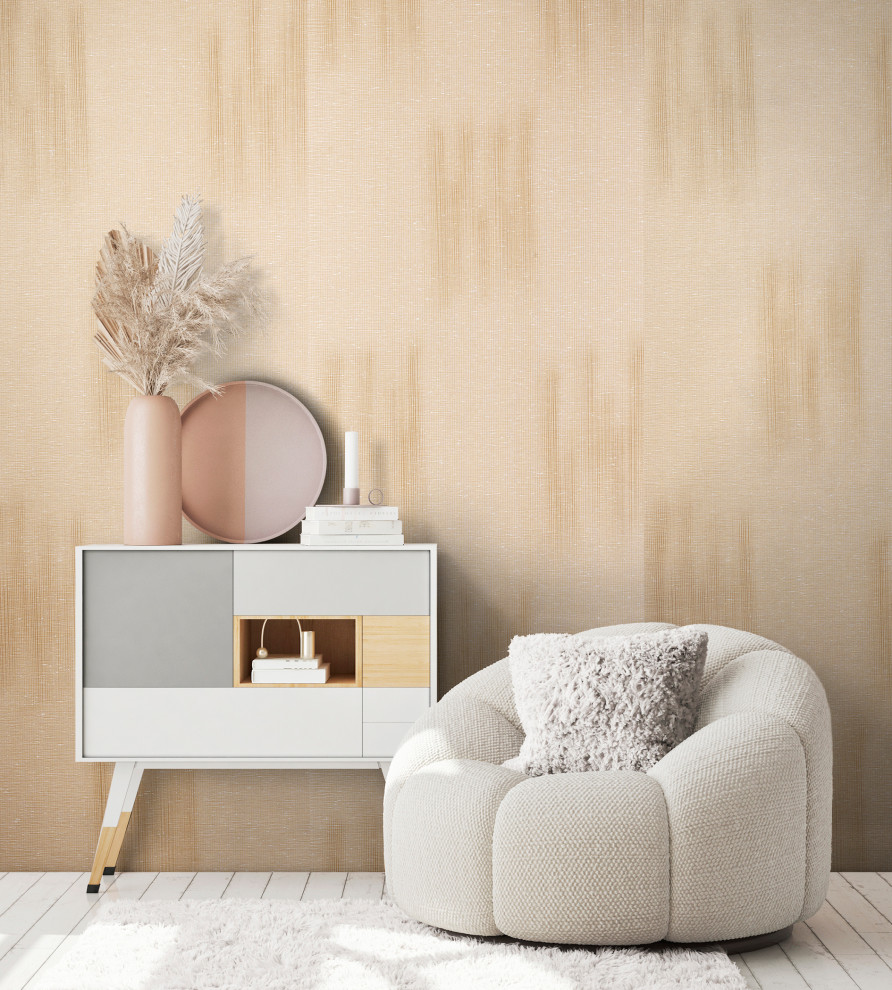 Пример оригинального дизайна: гостиная комната в стиле модернизм с розовыми стенами и обоями на стенах