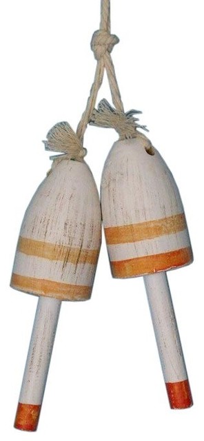 Set Of 2 Wooden Vintage Orange Maine Decorative Lobster Trap Buoy