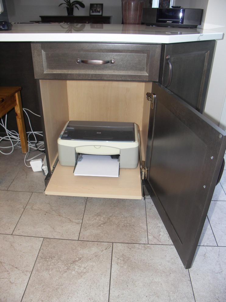 Mid-sized transitional u-shaped porcelain tile open concept kitchen photo in Edmonton with an undermount sink, recessed-panel cabinets, dark wood cabinets, quartzite countertops, multicolored backsplash, matchstick tile backsplash, white appliances and two islands