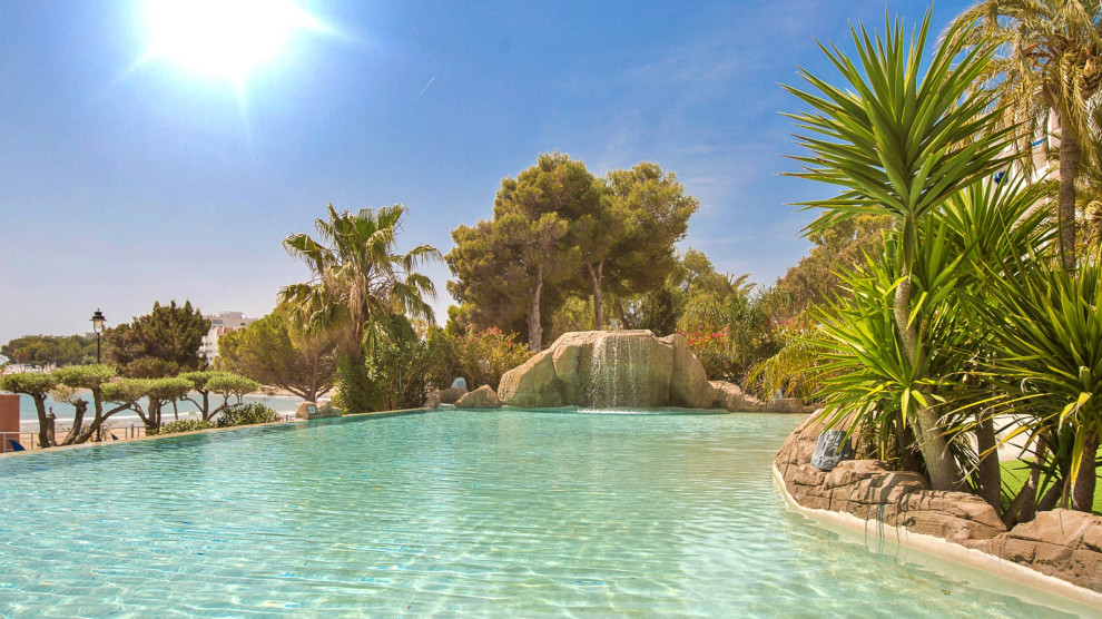 Foto di una grande piscina a sfioro infinito tropicale personalizzata con paesaggistica bordo piscina