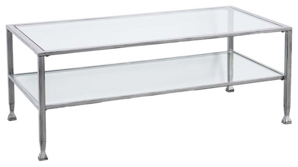 Maklaine Tempered Glass Top Metal Coffee Table in Silver Finish