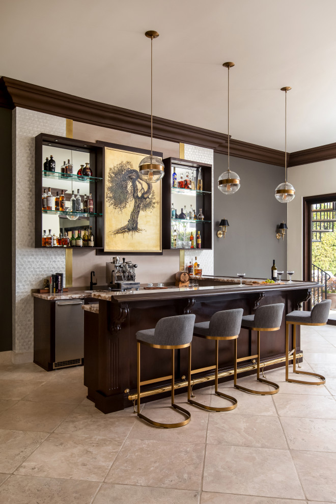 Mid-sized minimalist seated home bar photo in San Diego with open cabinets, dark wood cabinets, marble countertops and beige backsplash