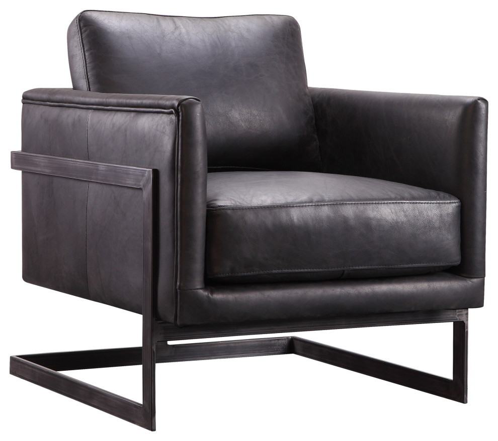 Luxley Black Top Grain Leather Club Chair Metal Frame Modern Style