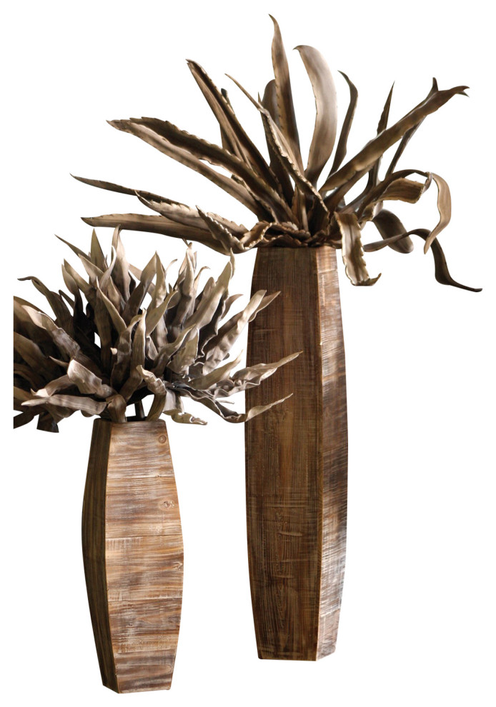 Tall Mid Century Modern White Washed Wood Floor Vases 2Piece Set