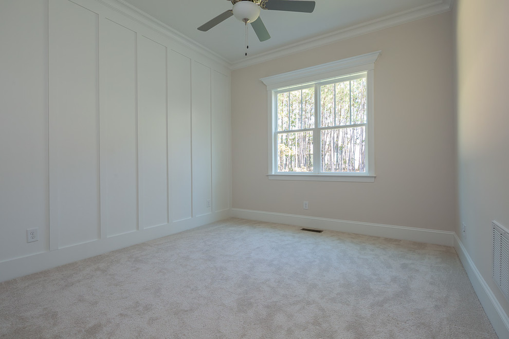 Mid-sized country guest bedroom in Raleigh with grey walls, carpet, no fireplace and white floor.