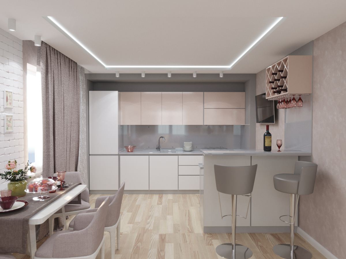 Кухня-гостиная в пудровых тонах