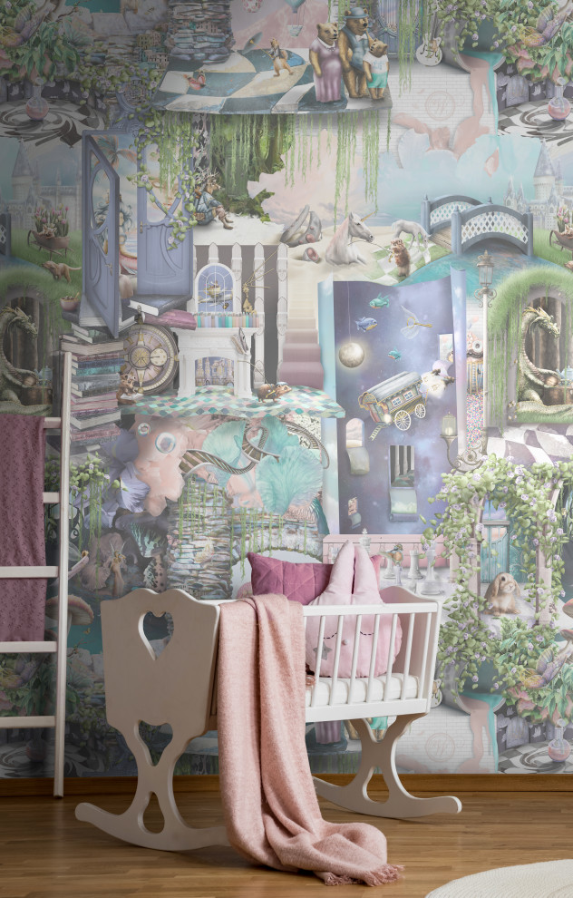 シドニーにあるお手頃価格の中くらいなモダンスタイルのおしゃれな赤ちゃん部屋 (濃色無垢フローリング、女の子用、茶色い床、壁紙) の写真