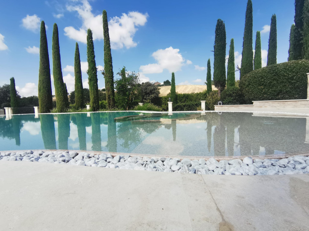 Modelo de piscina clásica grande a medida en patio delantero con paisajismo de piscina y adoquines de piedra natural