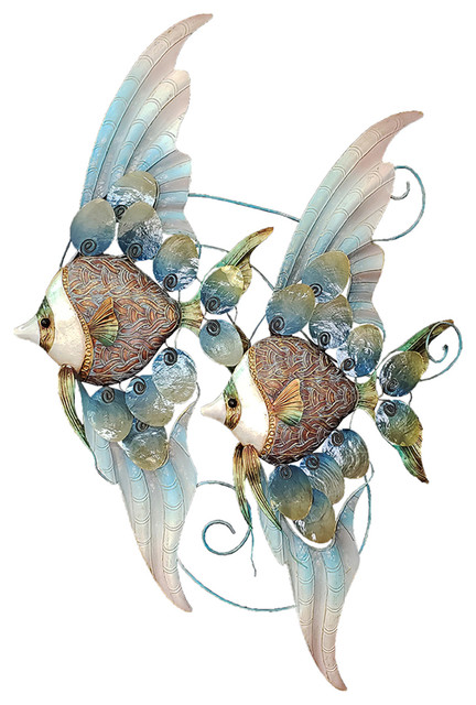 Double Banner Fish Metal Capiz Shell Wall Art Beach Style Wall Accents By The Seashell Company