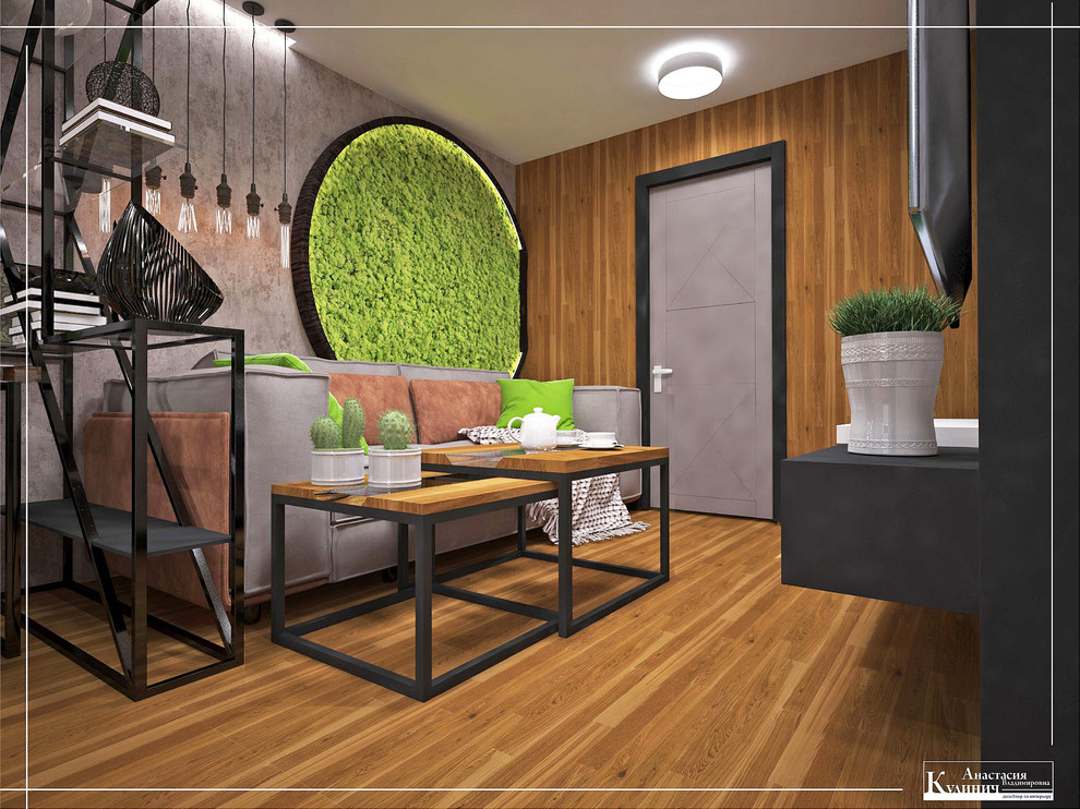 Симбиоз лофта и эко. Гостиная.