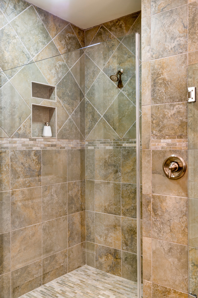 This is an example of a mid-sized traditional 3/4 bathroom in Other with recessed-panel cabinets and white cabinets.