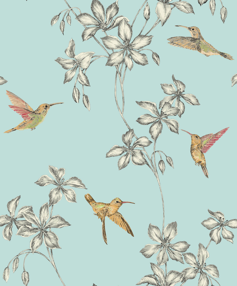 Hummingbird Blue 32'x20.8" Wallpaper Contemporary Wallpaper by
