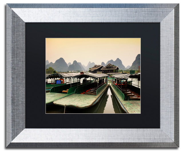 Philippe Hugonnard 'Sunset Boats' Art, Silver Frame, Black Matte, 14"x11"