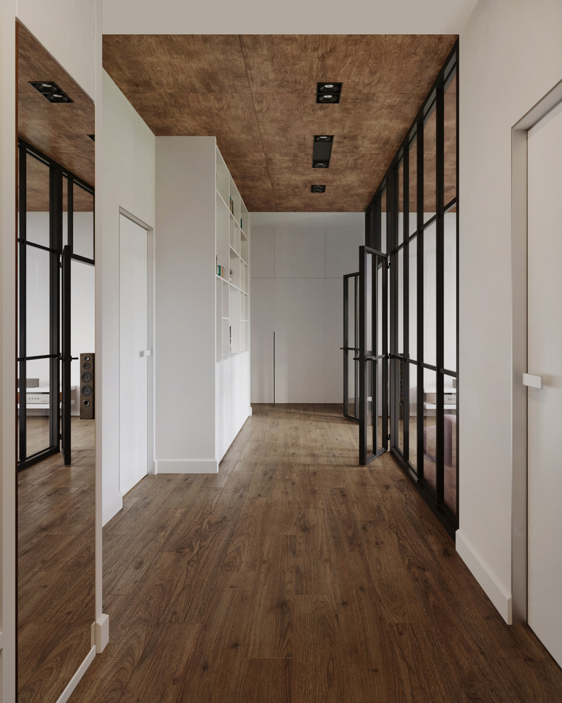 Inspiration for a contemporary hallway in Other with white walls, dark hardwood floors and brown floor.