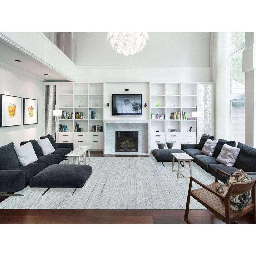 Ivory Plain Modern Striae Design Wool Hand Loomed Oversized Rug 12'2