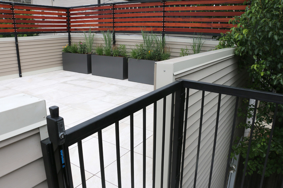 Small modern rooftop deck in Chicago with a container garden and no cover.