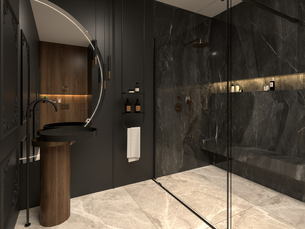 Inspiration for a mid-sized modern bathroom in London with a wall-mount toilet, black tile, black walls, ceramic floors, a pedestal sink, beige floor, a single vanity and decorative wall panelling.