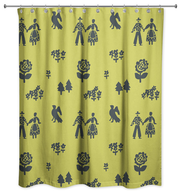 Folk Forest Motif in Green Shower Curtain Contemporary Shower