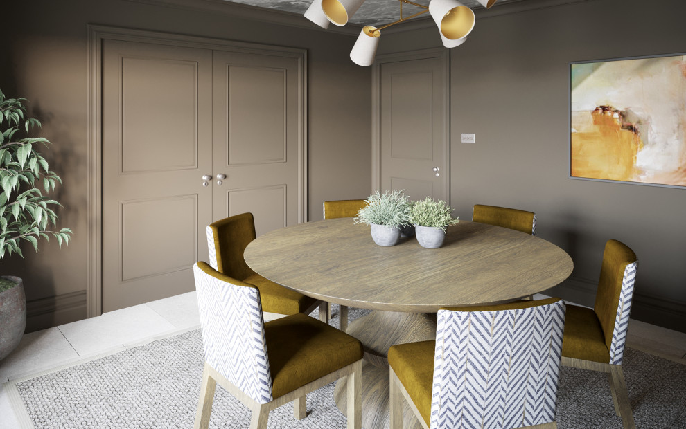Idee per una grande sala da pranzo minimal chiusa con pareti marroni, pavimento in pietra calcarea, pavimento beige e soffitto in carta da parati