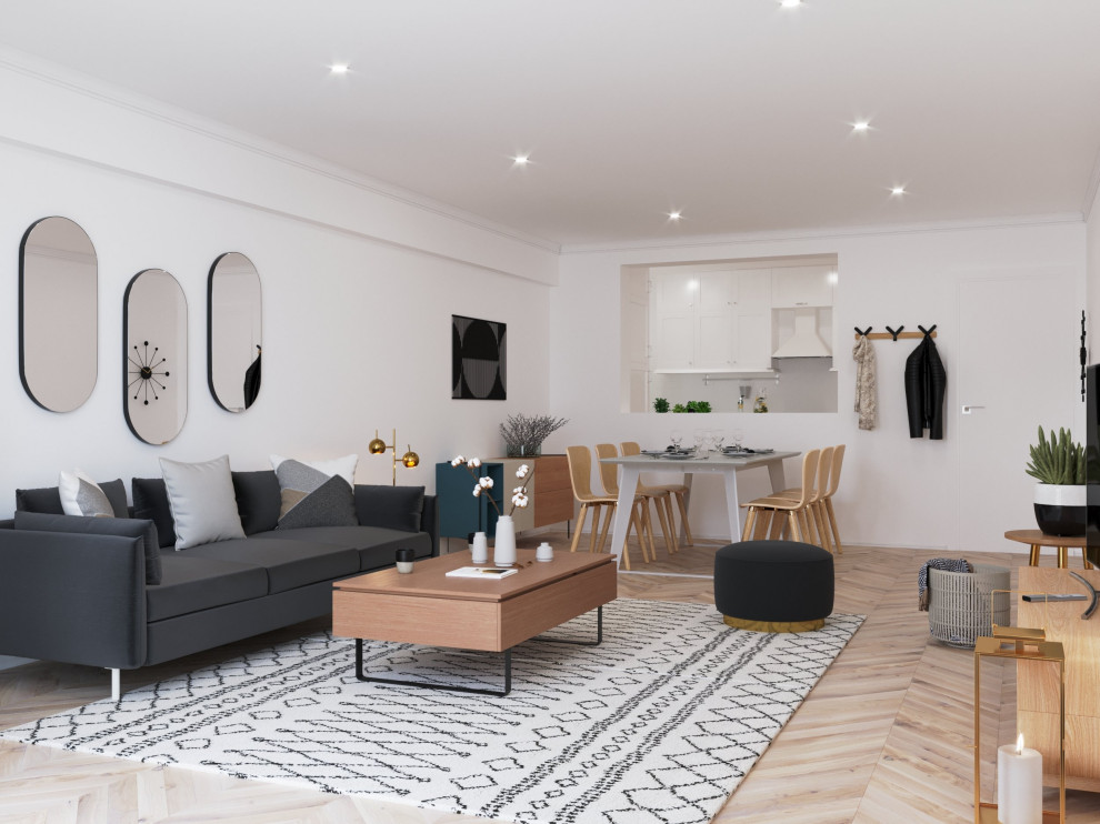 Idee per un soggiorno design di medie dimensioni e aperto con pareti bianche, parquet chiaro e TV autoportante