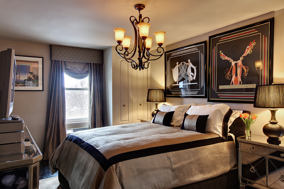 This is an example of an eclectic bedroom in New York with grey walls and no fireplace.