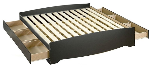 King size Black Wood Platform Bed Frame with Storage Drawers 
