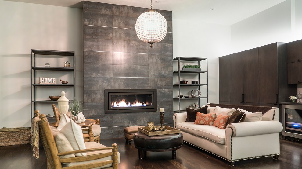 Inspiration for a large contemporary formal open concept living room with white walls, dark hardwood floors, a ribbon fireplace, a metal fireplace surround and no tv.
