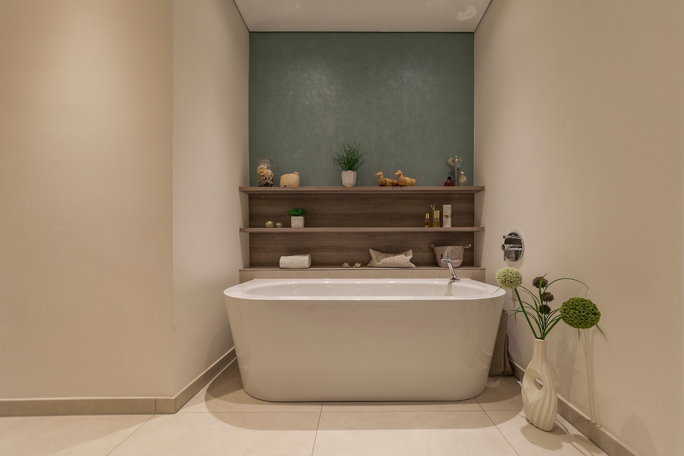 Mid-sized contemporary 3/4 bathroom in Cologne with flat-panel cabinets, brown cabinets, a freestanding tub, an open shower, a two-piece toilet, beige tile, stone tile, beige walls, a vessel sink, solid surface benchtops, beige floor and an open shower.