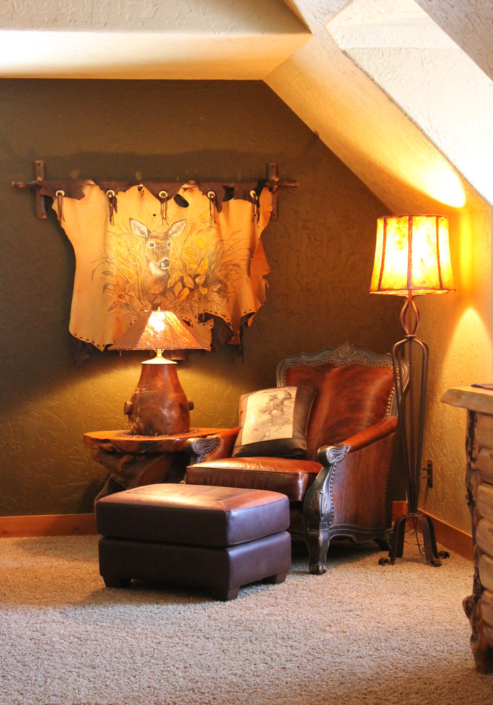 Photo of a mid-sized country guest bedroom in Other with beige walls, carpet and no fireplace.