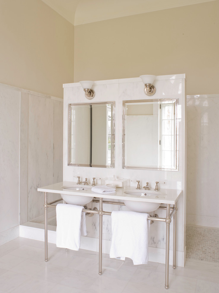 Inspiration for a traditional master bathroom in New York with a console sink, an open shower, white tile, ceramic tile, beige walls and ceramic floors.