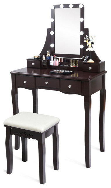 Elegant Vanity Set, Storage Drawers With Crystal Knobs & Lighted Mirror, Black