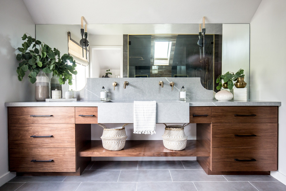 Design ideas for a large contemporary master bathroom in Salt Lake City with flat-panel cabinets, medium wood cabinets, gray tile, white walls, ceramic floors, an integrated sink, engineered quartz benchtops, grey floor and grey benchtops.
