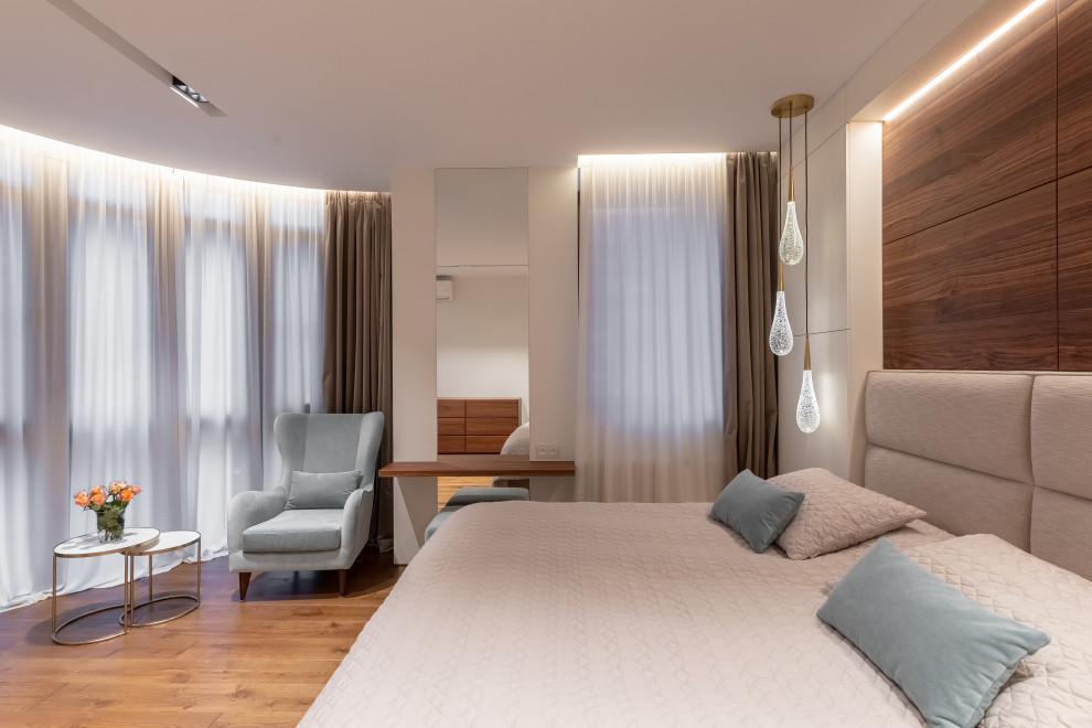 Спальня, выполненная в спокойных нежных тонах