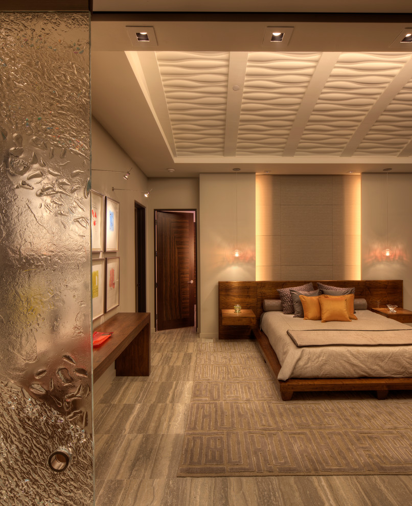 Inspiration for a modern master bedroom remodel in Milwaukee with white walls