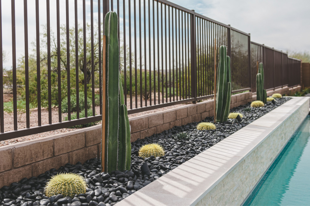 Modern back xeriscape garden in Phoenix with a desert look and natural stone paving.