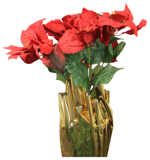 Artificial Poinsettia Potted Christmas Plant With Gold Foil Covering