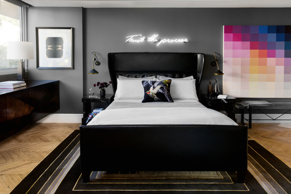 Inspiration for a mid-sized contemporary master light wood floor bedroom remodel in Los Angeles with gray walls and no fireplace