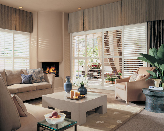 White Plantation Shutters In Large Living Room Window