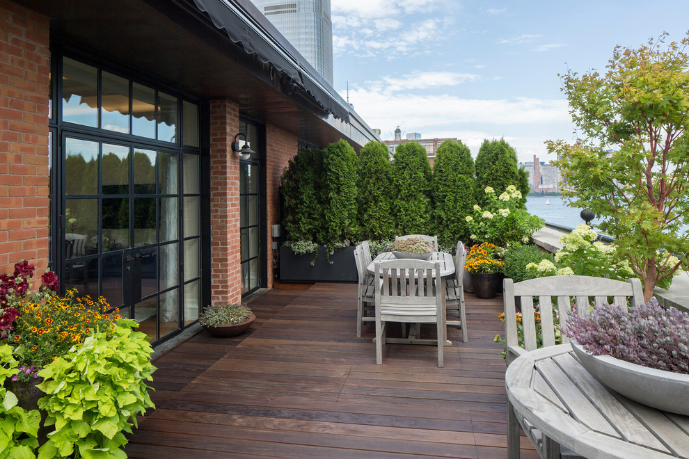 Photo of a traditional rooftop and rooftop deck in New York with an awning and a container garden.