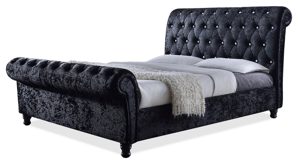 Castello Black Velvet Faux Crystal-Buttoned Sleigh Platform Bed, King