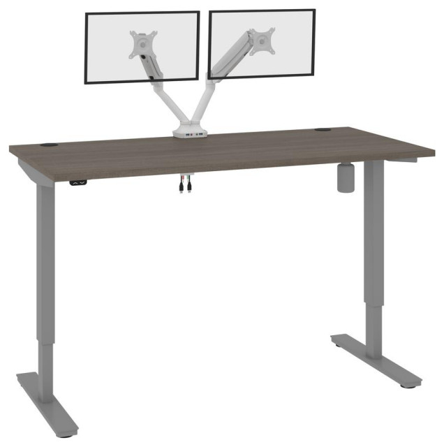 Bestar Upstand 60Wx30D Standing Desk With Dual Monitor Arm, Bark Gray