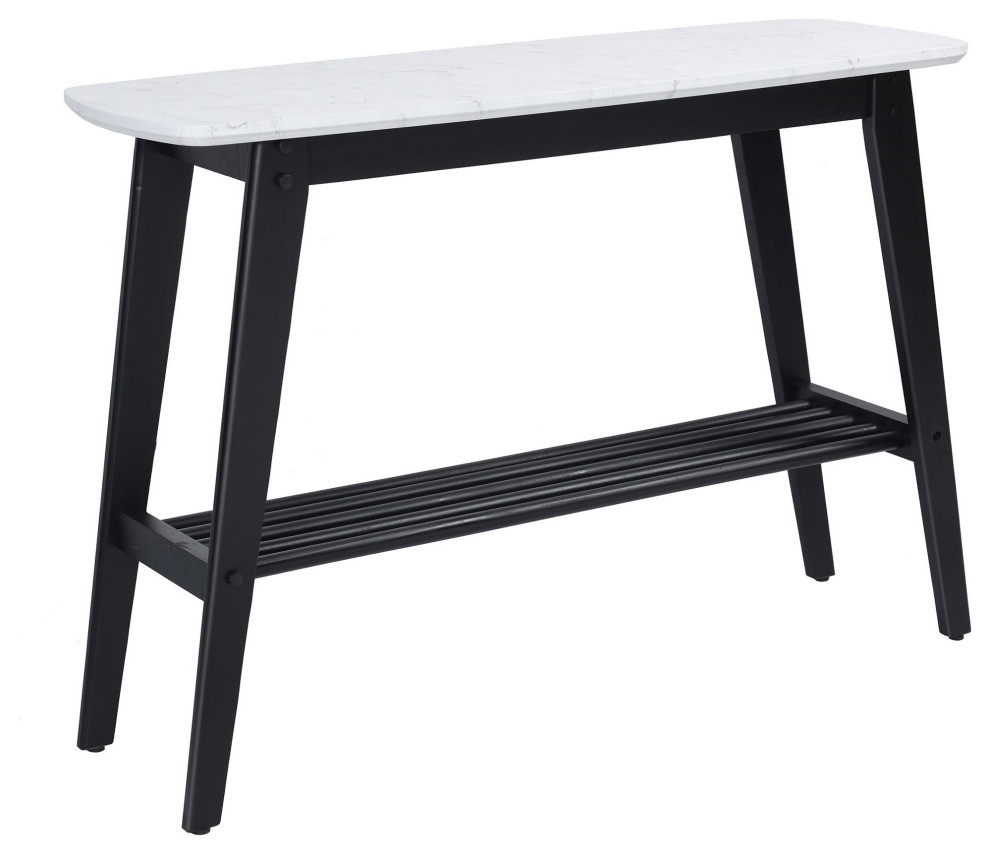 Birchwood Coffee Table Faux White Marbled Top Black Slatted Lower Shelf