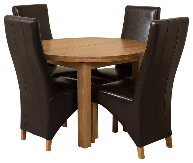 Edmonton Oak Round Extension Dining Table, 4 Lola Chairs, Black Leather