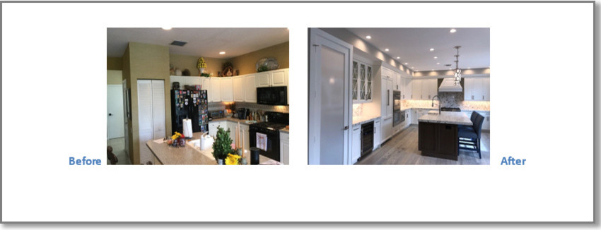 Example of a transitional l-shaped eat-in kitchen design with a farmhouse sink, white cabinets, quartz countertops, white backsplash, paneled appliances, an island and white countertops